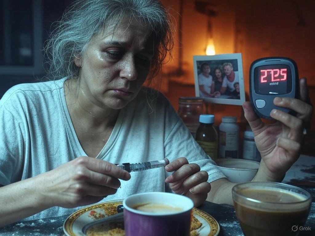 Woman in panic, surrounded by sugar, time running out